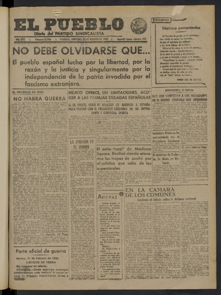 Miniatura de El Pueblo : Diario republicano de Valencia del 22 de febrero de 1939, nº 15.786