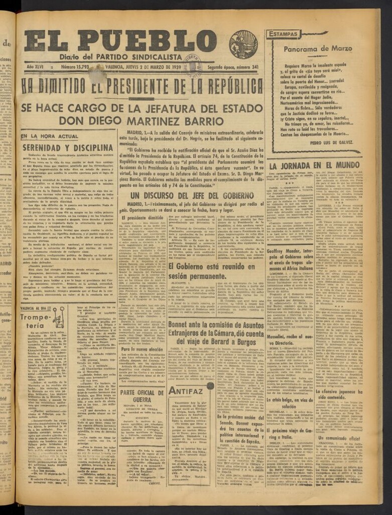 Miniatura de El Pueblo : Diario republicano de Valencia del 2 de marzo de 1939, nº 15.793