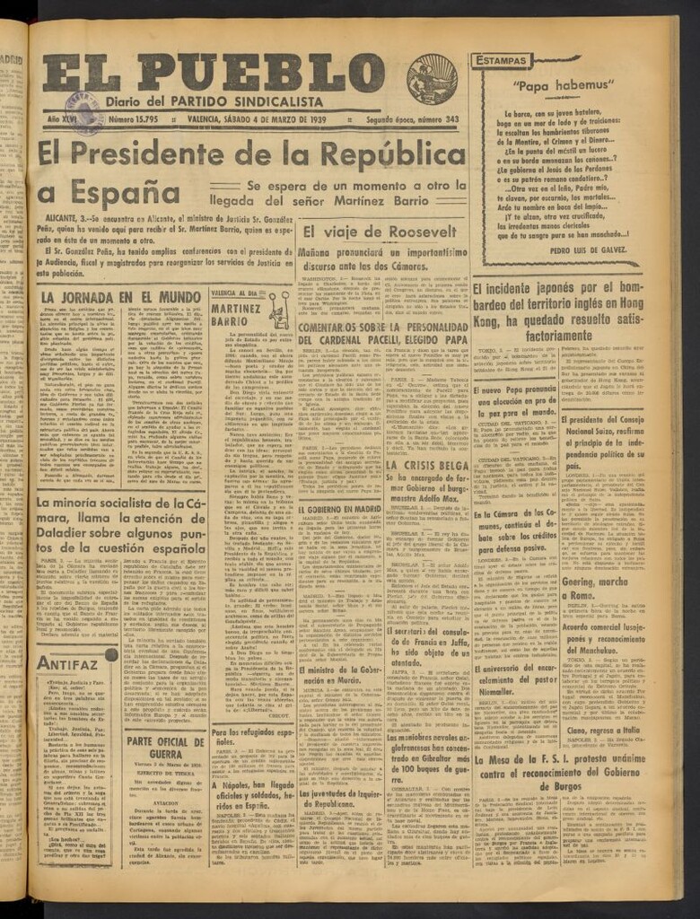 Miniatura de El Pueblo : Diario republicano de Valencia del 4 de marzo de 1939, nº 15.795
