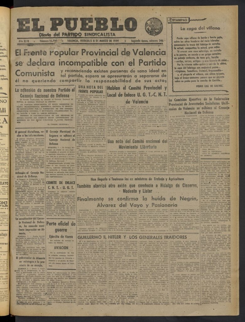 Miniatura de El Pueblo : Diario republicano de Valencia del 8 de marzo de 1939, nº 15.798