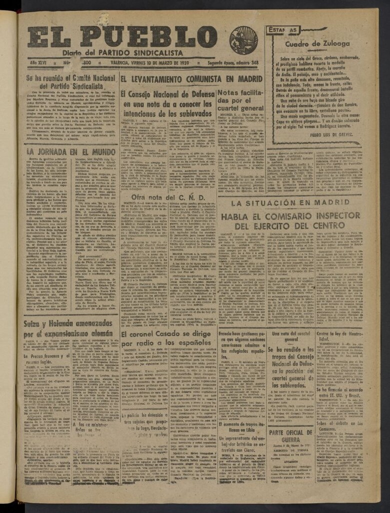 Miniatura de El Pueblo : Diario republicano de Valencia del 10 de marzo de 1939, nº 15.800