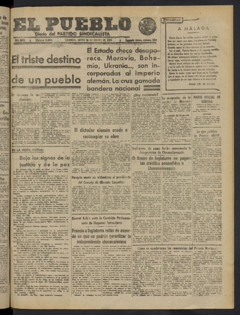 Miniatura de El Pueblo : Diario republicano de Valencia del 16 de marzo de 1939, nº 15.806