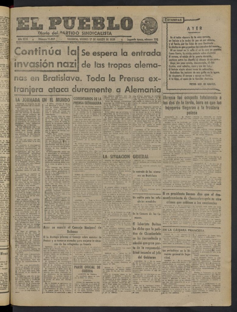 Miniatura de El Pueblo : Diario republicano de Valencia del 17 de marzo de 1939, nº 15.807