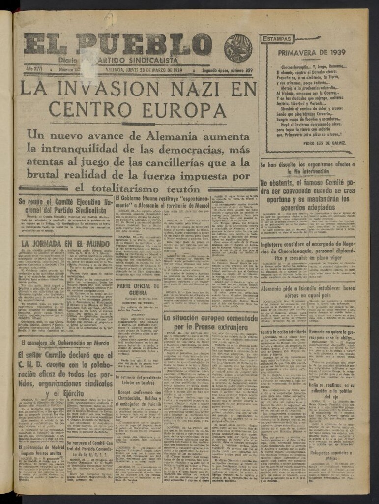 Miniatura de El Pueblo : Diario republicano de Valencia del 23 de marzo de 1939, nº 15.811