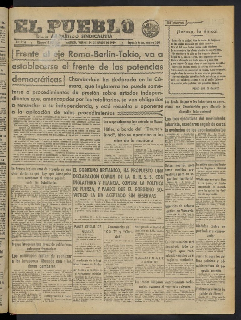 Miniatura de El Pueblo : Diario republicano de Valencia del 24 de marzo de 1939, nº 15.812