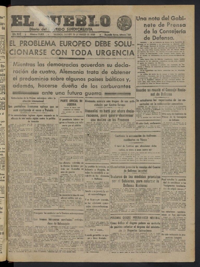 Miniatura de El Pueblo : Diario republicano de Valencia del 25 de marzo de 1939, nº 15.813