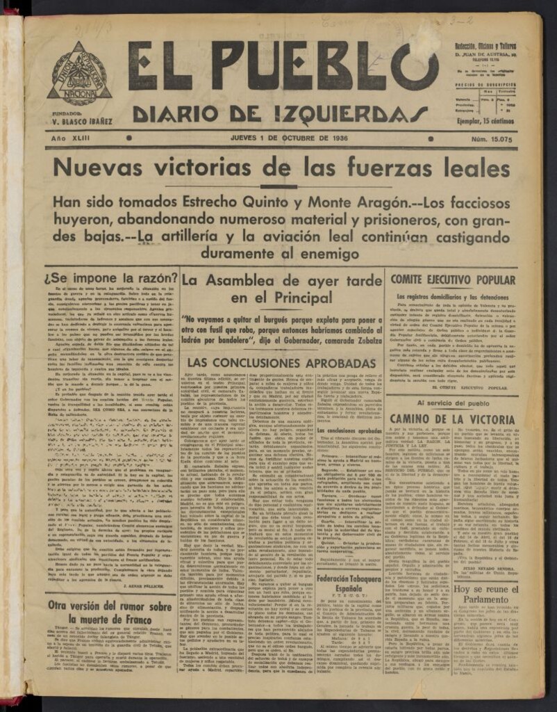 Miniatura de El Pueblo : Diario republicano de Valencia del 1 de octubre de 1936, nº 15.075