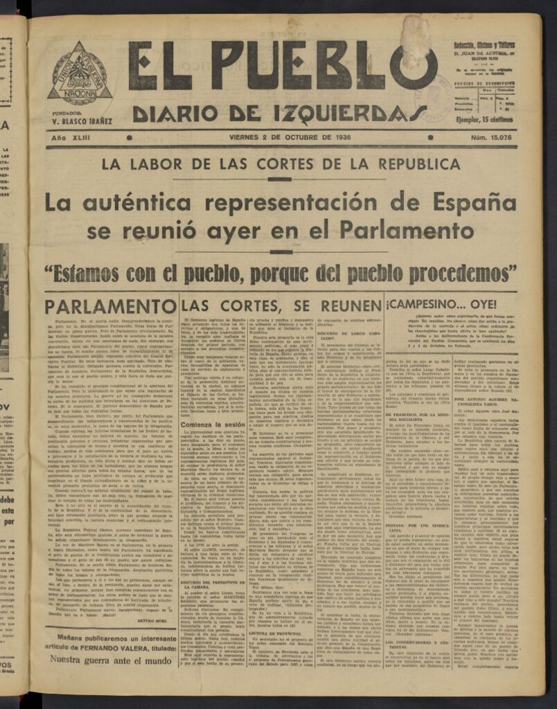 Miniatura de El Pueblo : Diario republicano de Valencia del 2 de octubre de 1936, nº 15.076