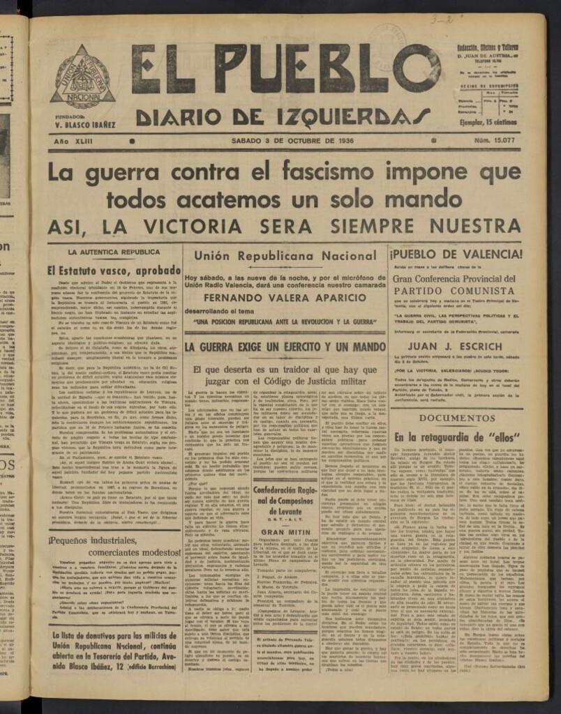 Miniatura de El Pueblo : Diario republicano de Valencia del 3 de octubre de 1936, nº 15.077