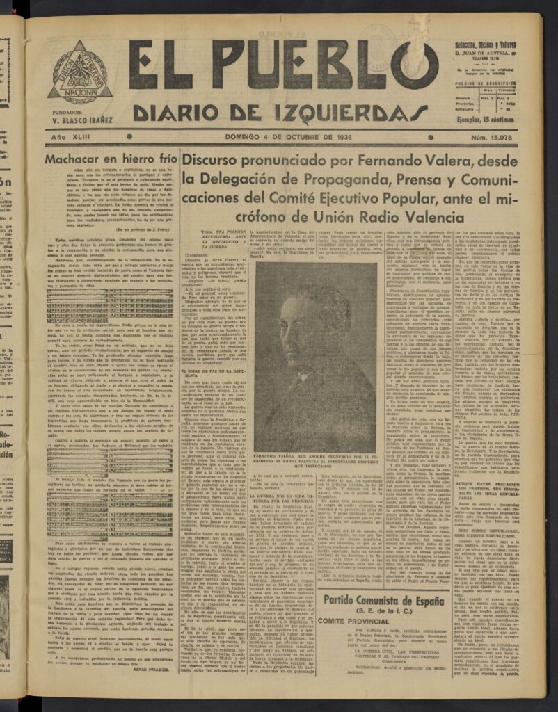 Miniatura de El Pueblo : Diario republicano de Valencia del 4 de octubre de 1936, nº 15.078