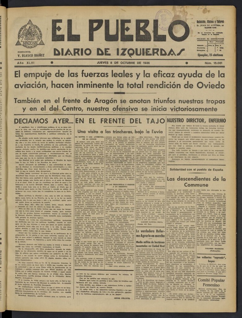 Miniatura de El Pueblo : Diario republicano de Valencia del 8 de octubre de 1936, nº 15.081