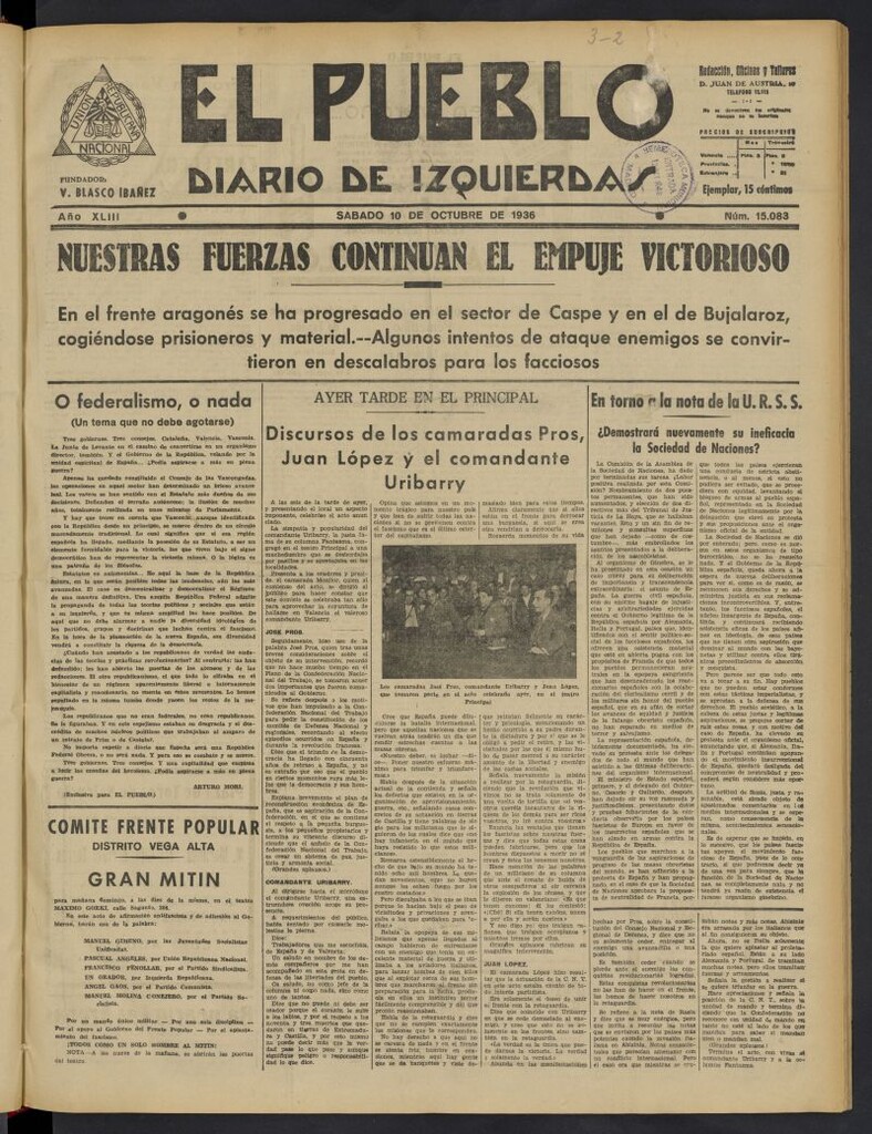 Miniatura de El Pueblo : Diario republicano de Valencia del 10 de octubre de 1936, nº 15.083