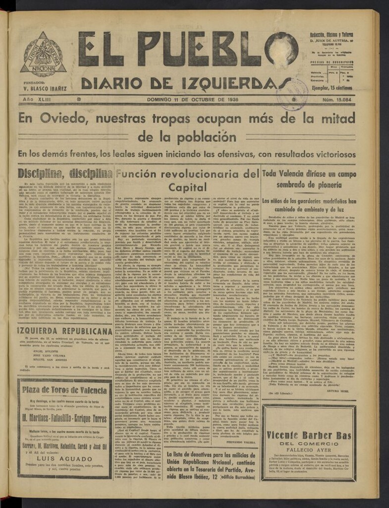 Miniatura de El Pueblo : Diario republicano de Valencia del 11 de octubre de 1936, nº 15.084