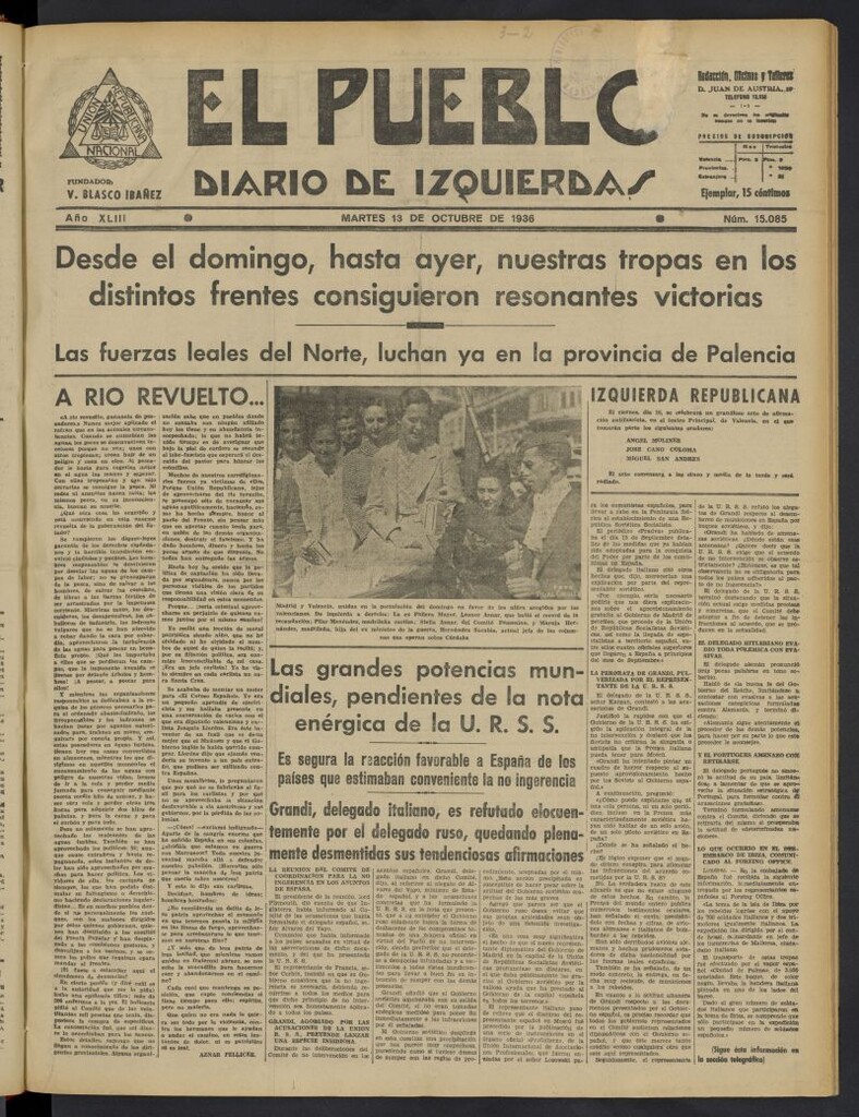 Miniatura de El Pueblo : Diario republicano de Valencia del 13 de octubre de 1936, nº 15.085