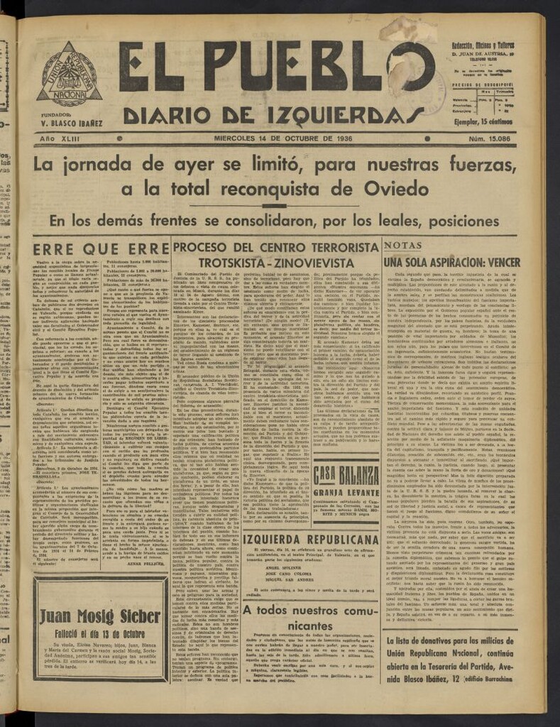 Miniatura de El Pueblo : Diario republicano de Valencia del 14 de octubre de 1936, nº 15.086