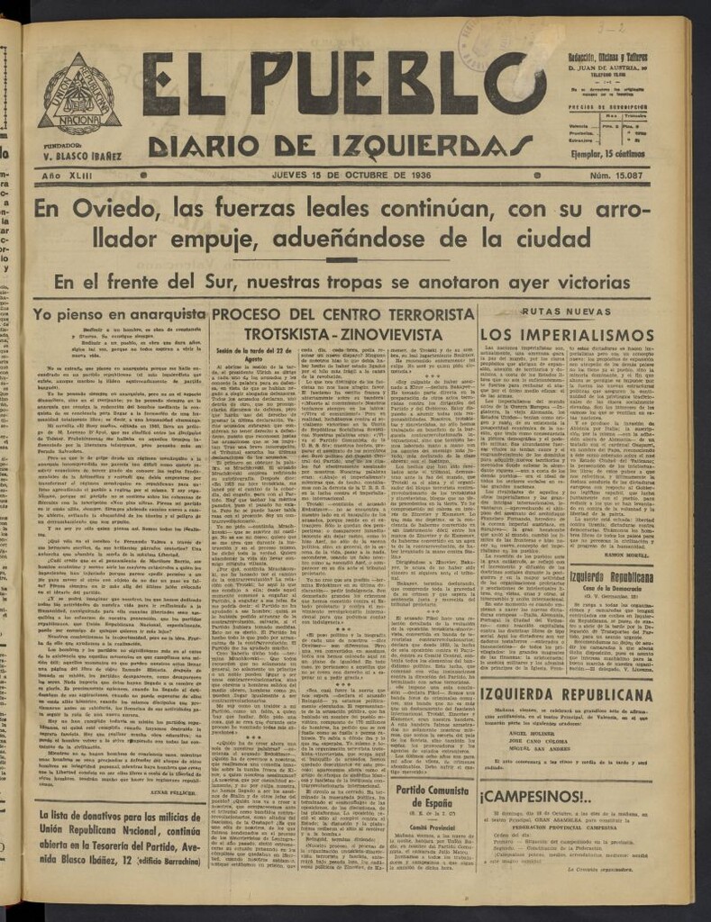 Miniatura de El Pueblo : Diario republicano de Valencia del 15 de octubre de 1936, nº 15.087