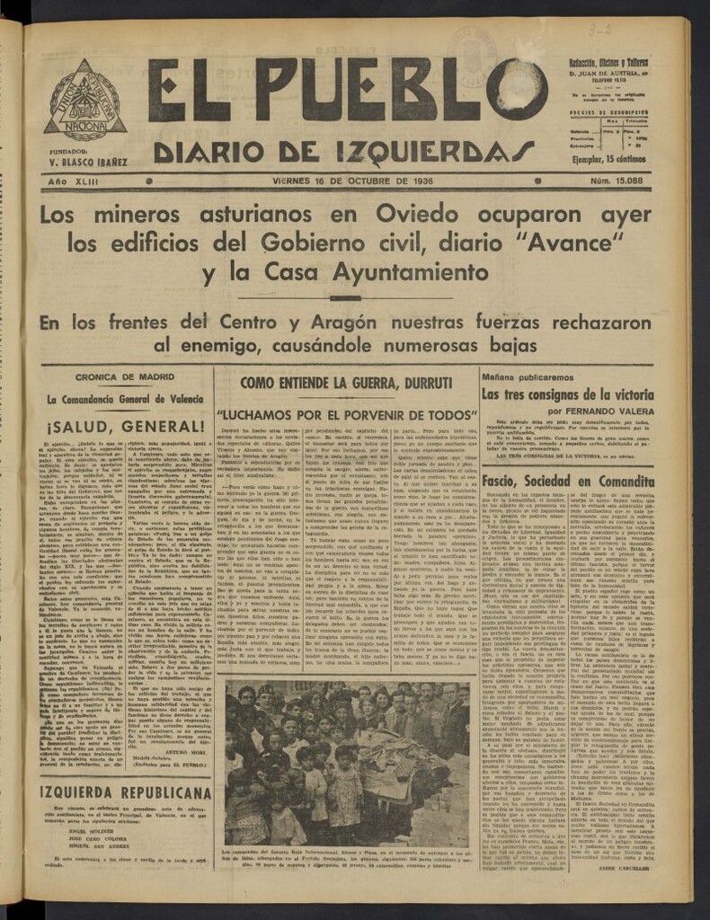 Miniatura de El Pueblo : Diario republicano de Valencia del 16 de octubre de 1936, nº 15.088