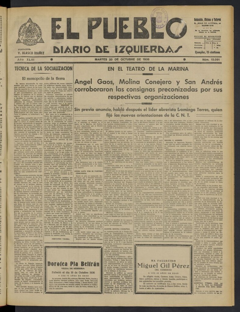 Miniatura de El Pueblo : Diario republicano de Valencia del 20 de octubre de 1936, nº 15.091