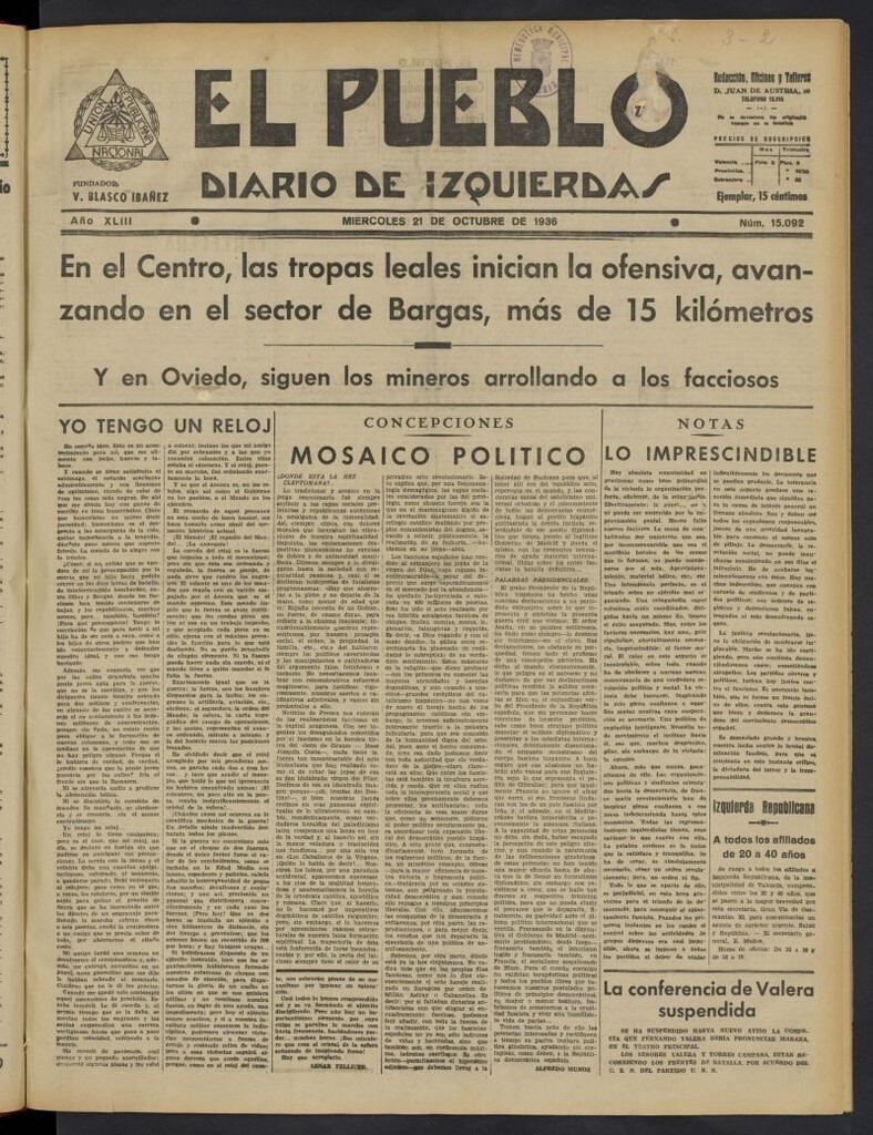 Miniatura de El Pueblo : Diario republicano de Valencia del 21 de octubre de 1936, nº 15.092
