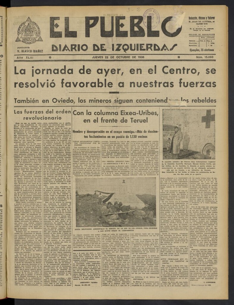 Miniatura de El Pueblo : Diario republicano de Valencia del 22 de octubre de 1936, nº 15.093