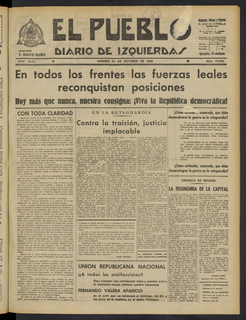 Miniatura de El Pueblo : Diario republicano de Valencia del 23 de octubre de 1936, nº 15.094