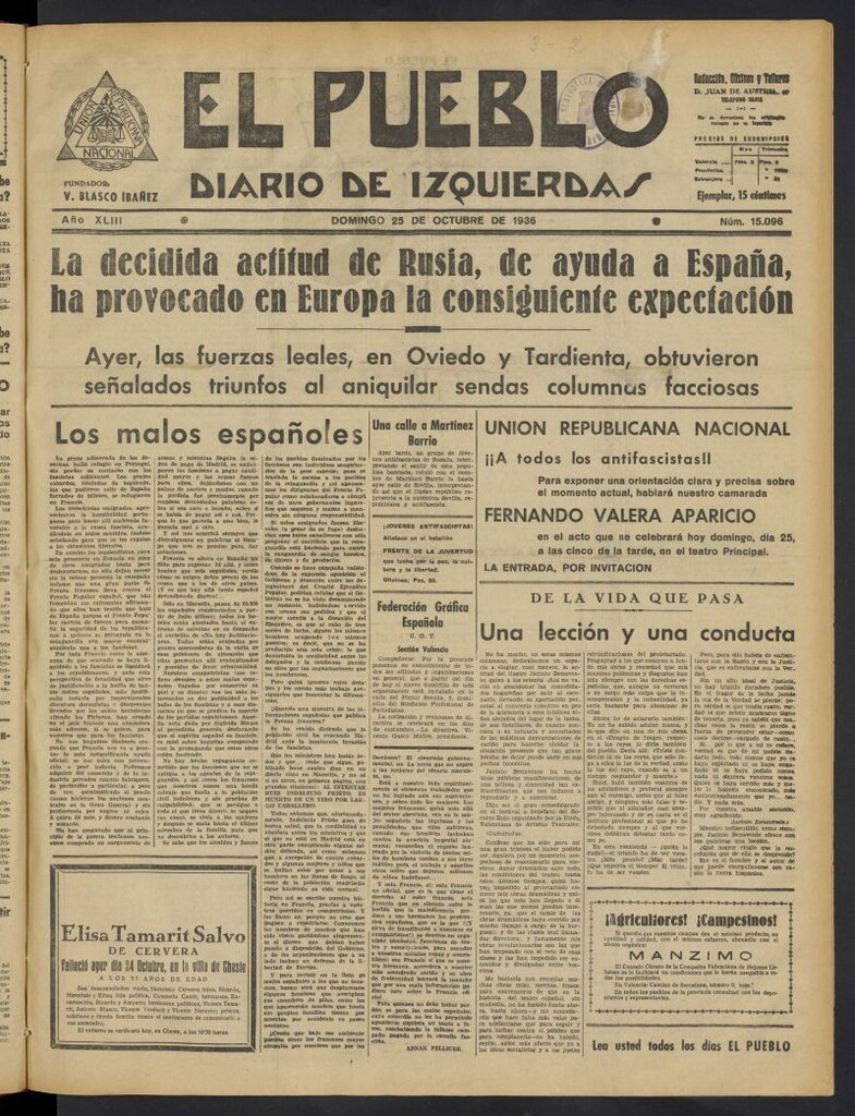 Miniatura de El Pueblo : Diario republicano de Valencia del 25 de octubre de 1936, nº 15.096