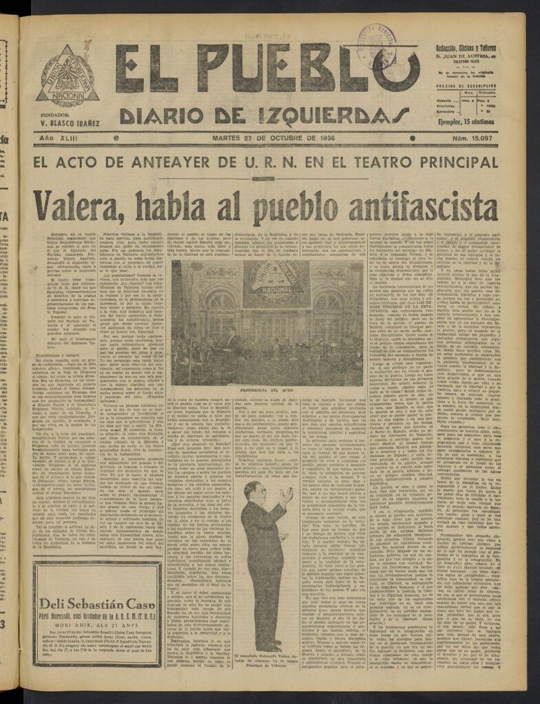 Miniatura de El Pueblo : Diario republicano de Valencia del 27 de octubre de 1936, nº 15.097