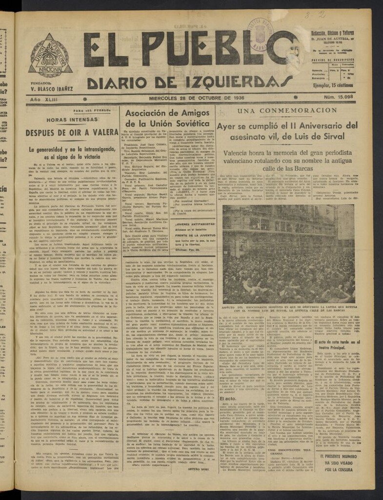 Miniatura de El Pueblo : Diario republicano de Valencia del 28 de octubre de 1936, nº 15.098