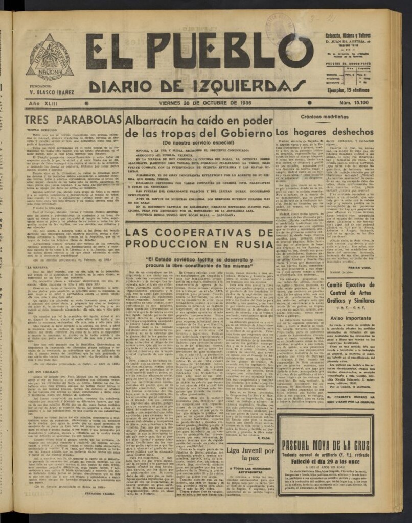 Miniatura de El Pueblo : Diario republicano de Valencia del 30 de octubre de 1936, nº 15.100