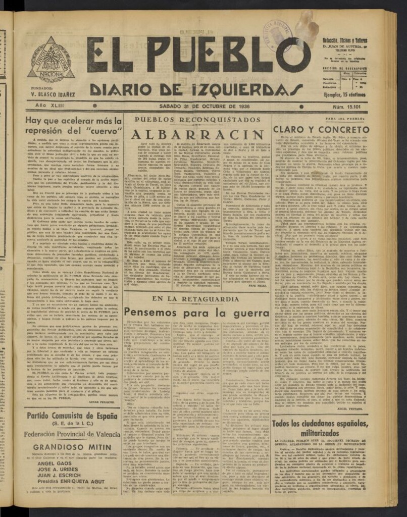 Miniatura de El Pueblo : Diario republicano de Valencia del 31 de octubre de 1936, nº 15.101