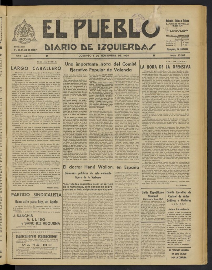 Miniatura de El Pueblo : Diario republicano de Valencia del 1 de noviembre de 1936, nº 15.102