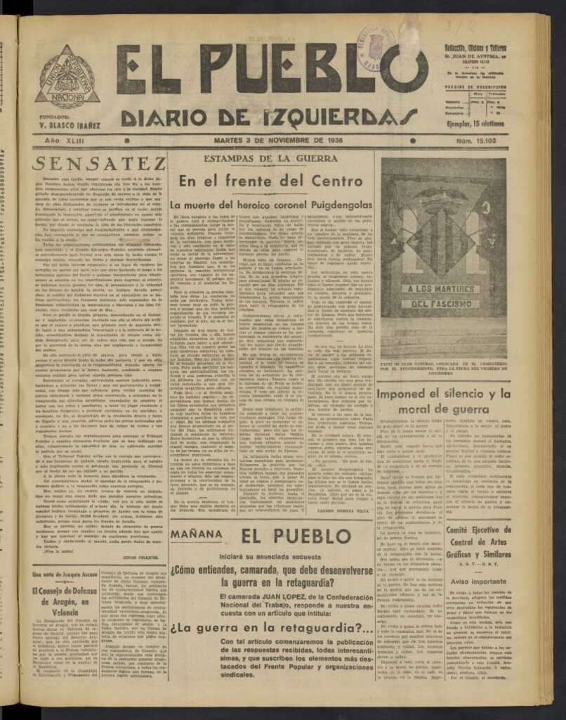 Miniatura de El Pueblo : Diario republicano de Valencia del 3 de noviembre de 1936, nº 15.103