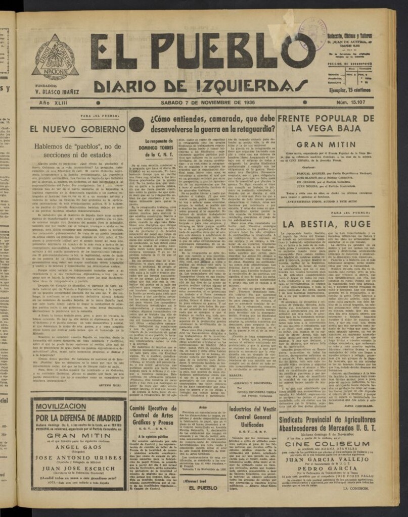 Miniatura de El Pueblo : Diario republicano de Valencia del 7 de noviembre de 1936, nº 15.107