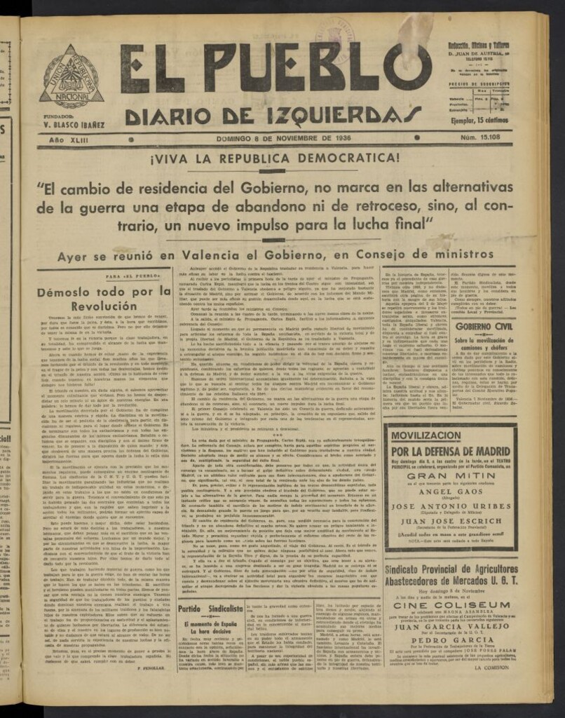 Miniatura de El Pueblo : Diario republicano de Valencia del 8 de noviembre de 1936, nº 15.108