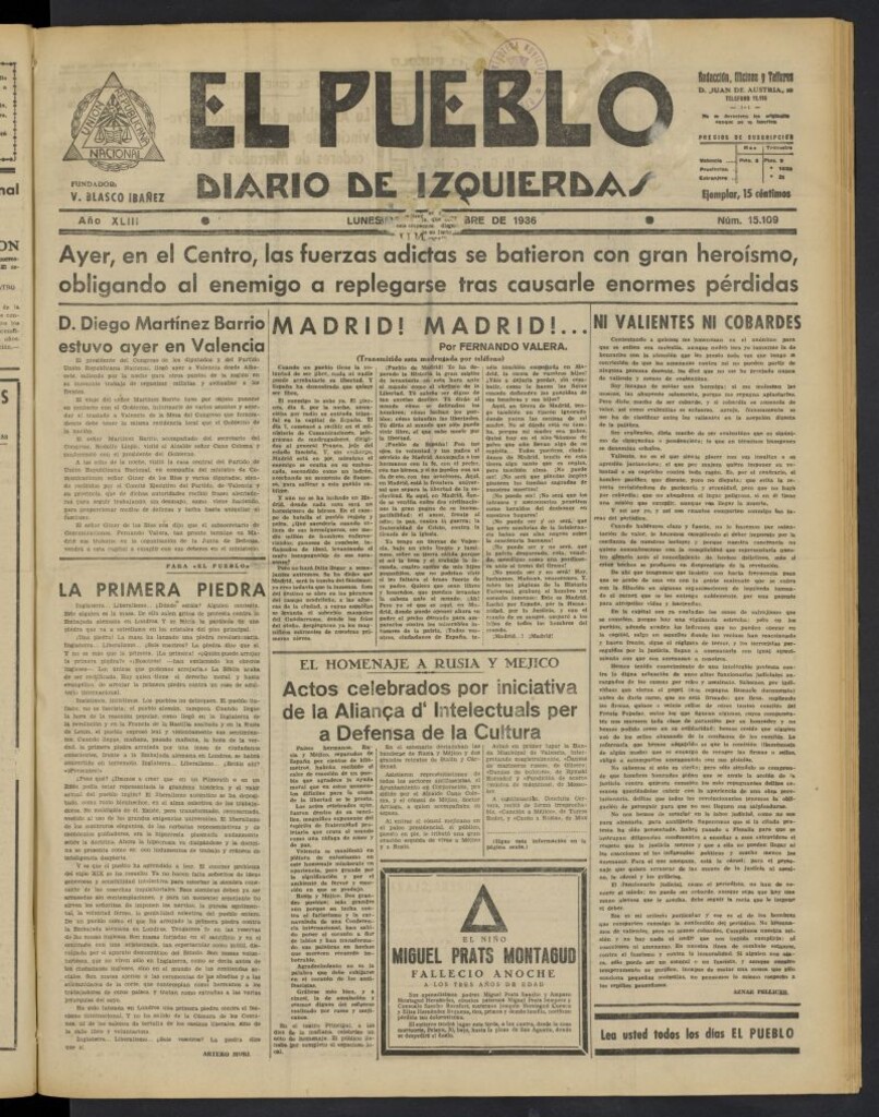 Miniatura de El Pueblo : Diario republicano de Valencia del 9 de noviembre de 1936, nº 15.109