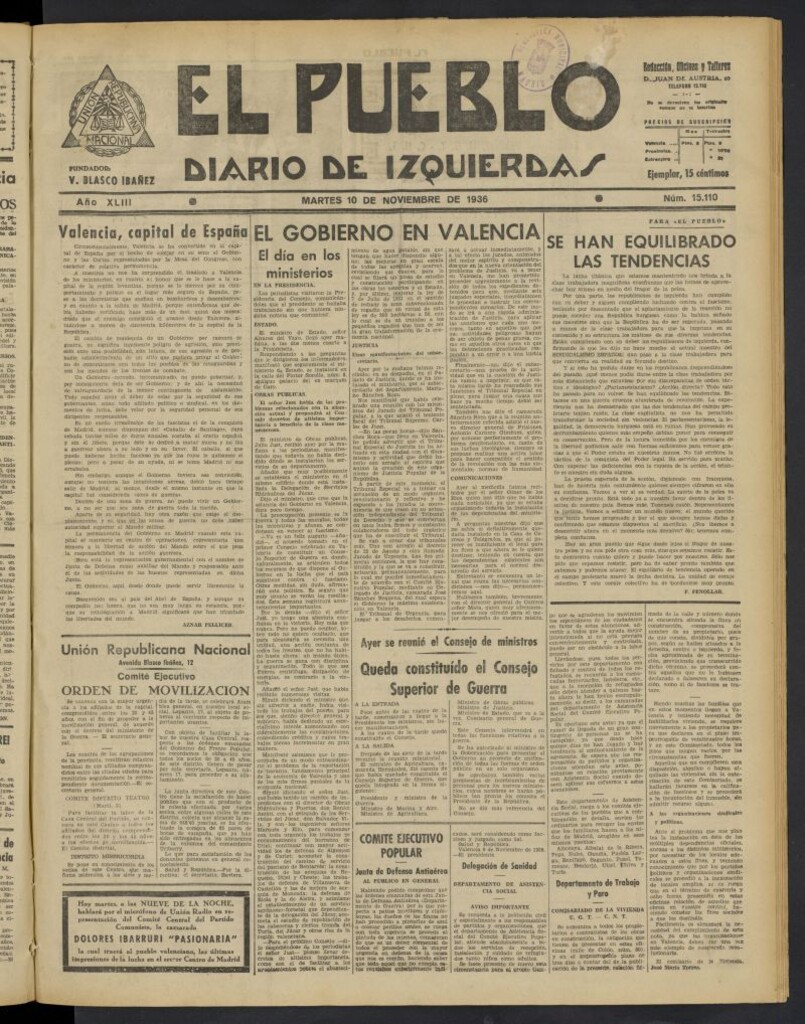 Miniatura de El Pueblo : Diario republicano de Valencia del 10 de noviembre de 1936, nº 15.110