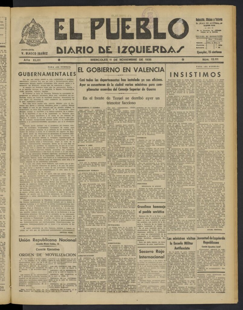 Miniatura de El Pueblo : Diario republicano de Valencia del 11 de noviembre de 1936, nº 15.111