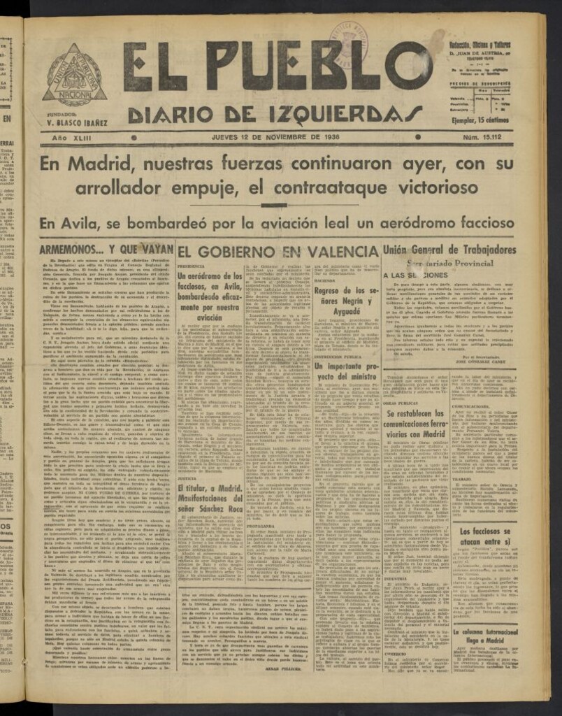 Miniatura de El Pueblo : Diario republicano de Valencia del 12 de noviembre de 1936, nº 15.112