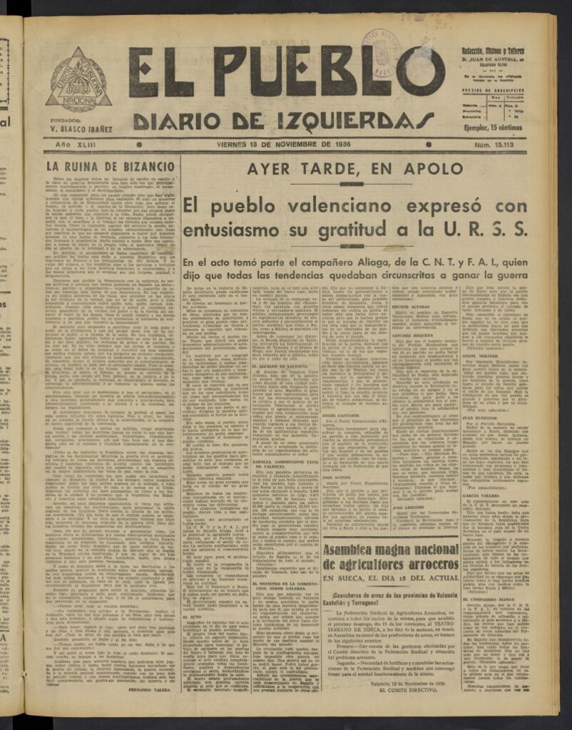 Miniatura de El Pueblo : Diario republicano de Valencia del 13 de noviembre de 1936, nº 15.113