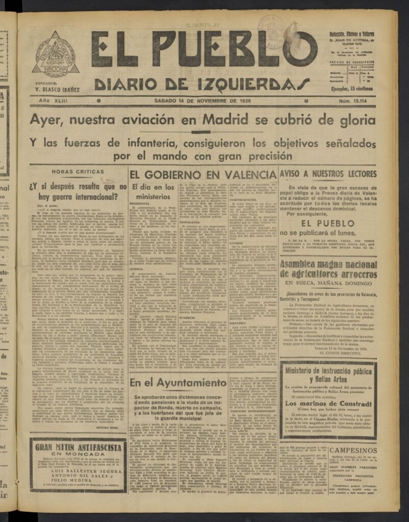 Miniatura de El Pueblo : Diario republicano de Valencia del 14 de noviembre de 1936, nº 15.114