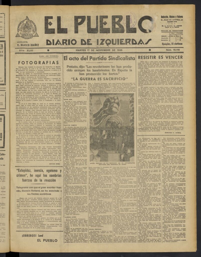 Miniatura de El Pueblo : Diario republicano de Valencia del 17 de noviembre de 1936, nº 15.116