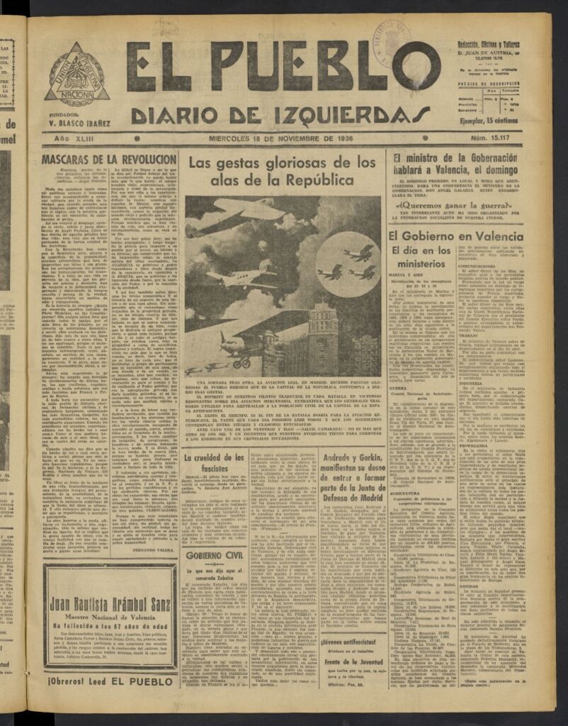 Miniatura de El Pueblo : Diario republicano de Valencia del 18 de noviembre de 1936, nº 15.117