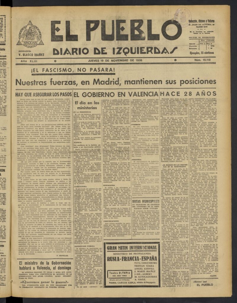 Miniatura de El Pueblo : Diario republicano de Valencia del 19 de noviembre de 1936, nº 15.118