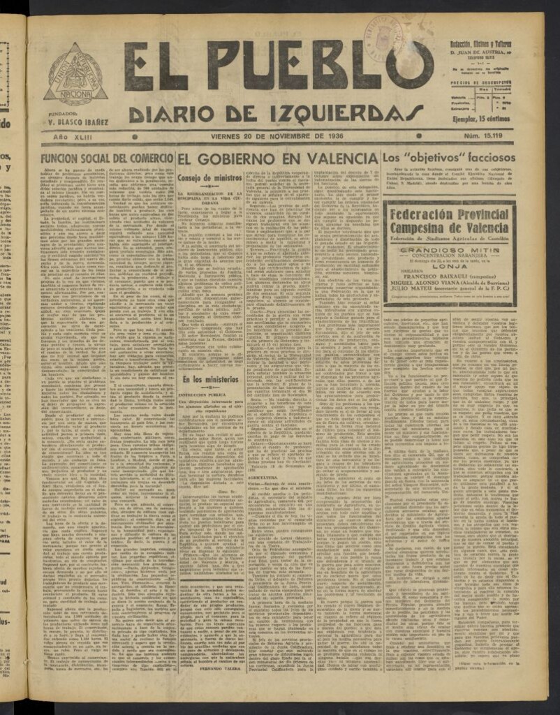 Miniatura de El Pueblo : Diario republicano de Valencia del 20 de noviembre de 1936, nº 15.119