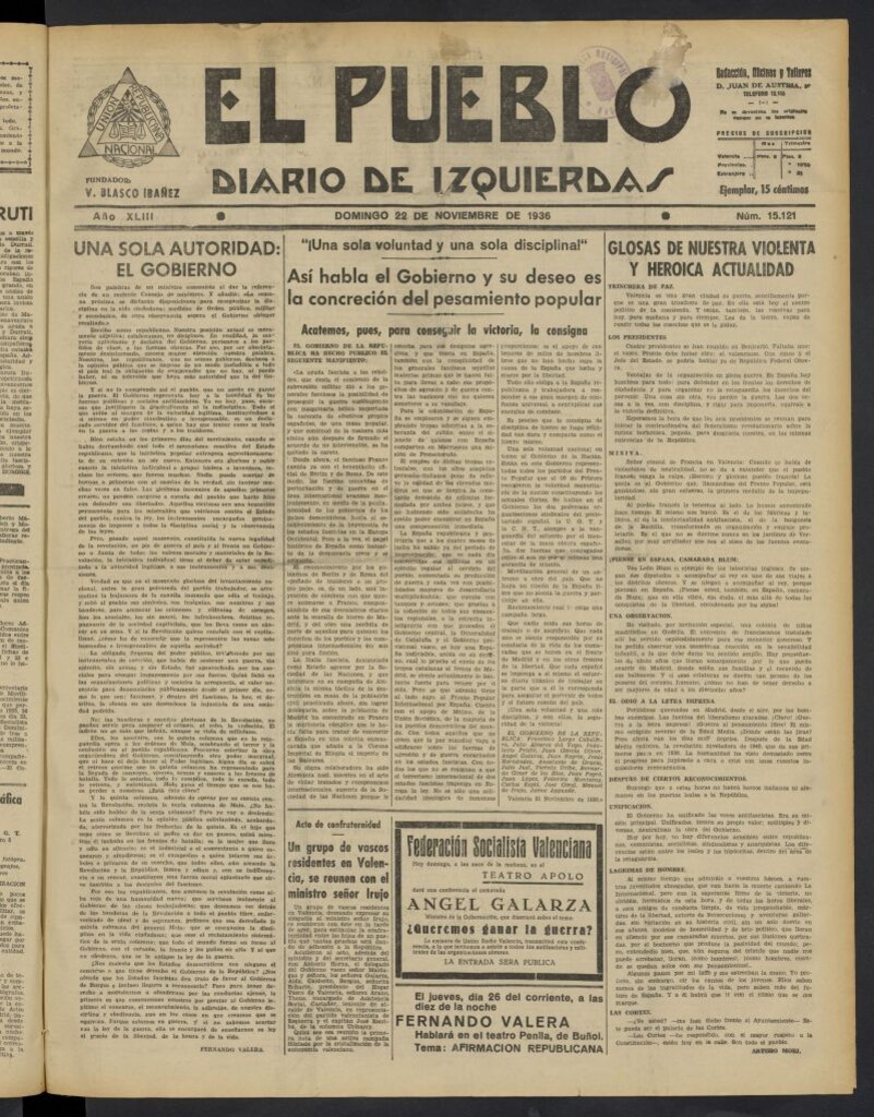 Miniatura de El Pueblo : Diario republicano de Valencia del 22 de noviembre de 1936, nº 15.121