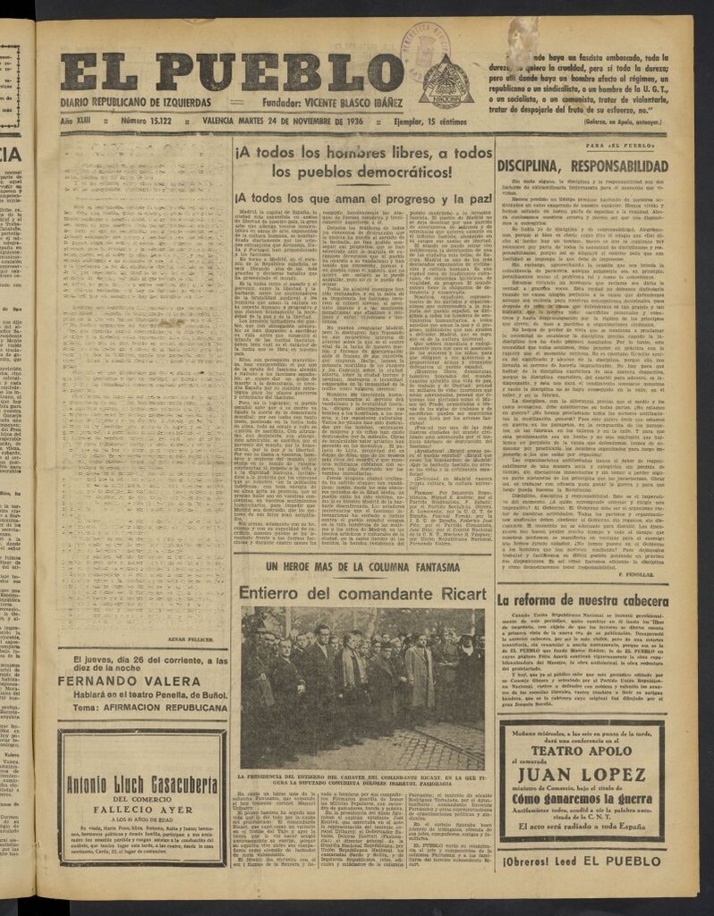 Miniatura de El Pueblo : Diario republicano de Valencia del 24 de noviembre de 1936, nº 15.122