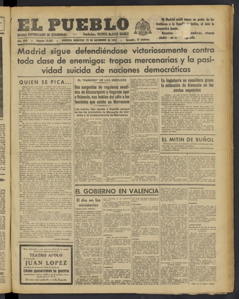 Miniatura de El Pueblo : Diario republicano de Valencia del 25 de noviembre de 1936, nº 15.123
