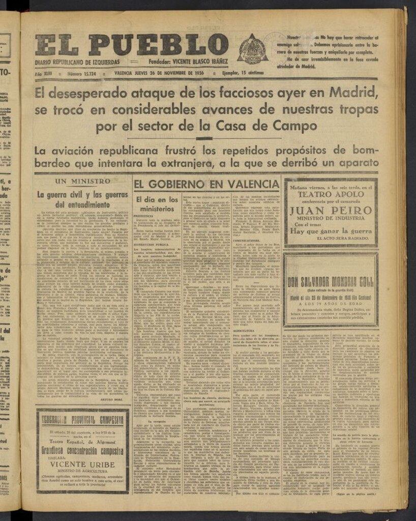Miniatura de El Pueblo : Diario republicano de Valencia del 26 de noviembre de 1936, nº 15.124