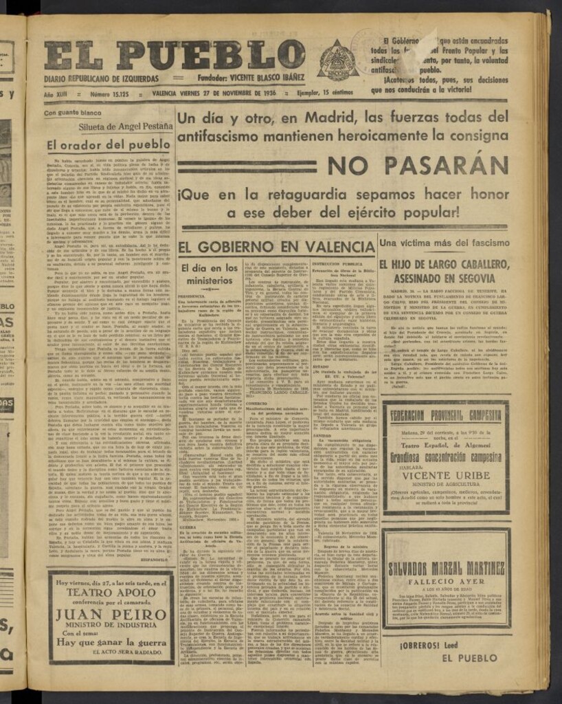 Miniatura de El Pueblo : Diario republicano de Valencia del 27 de noviembre de 1936, nº 15.125