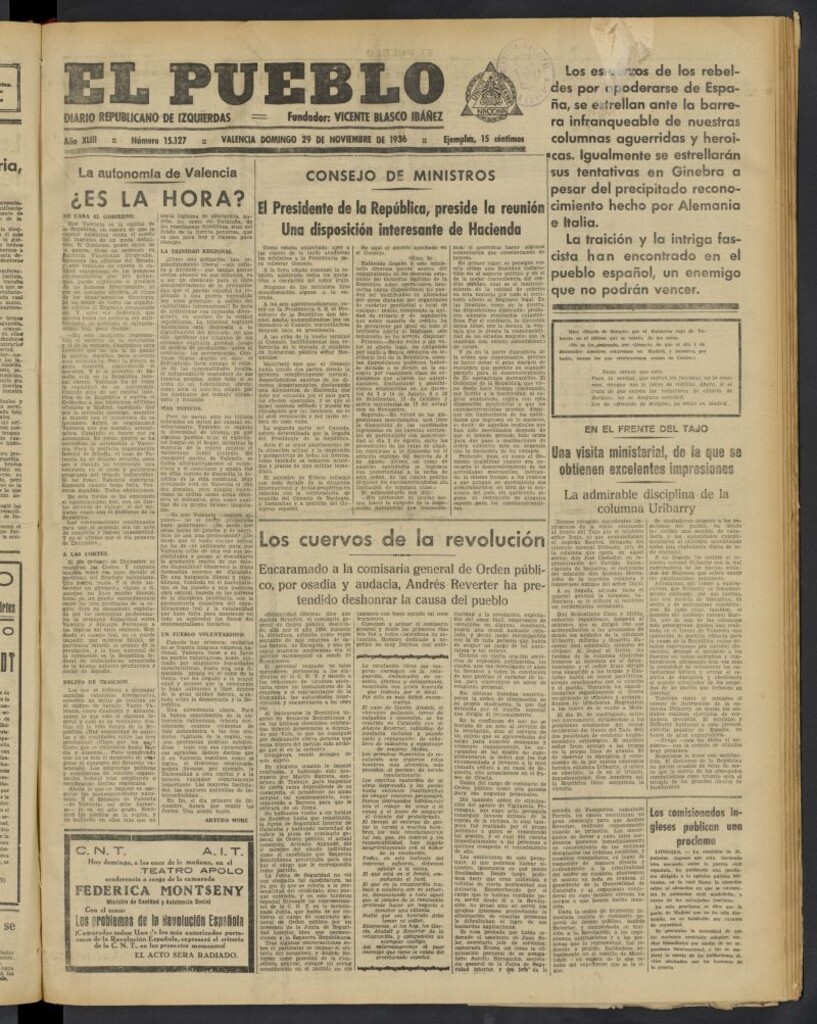 Miniatura de El Pueblo : Diario republicano de Valencia del 29 de noviembre de 1936, nº 15.127